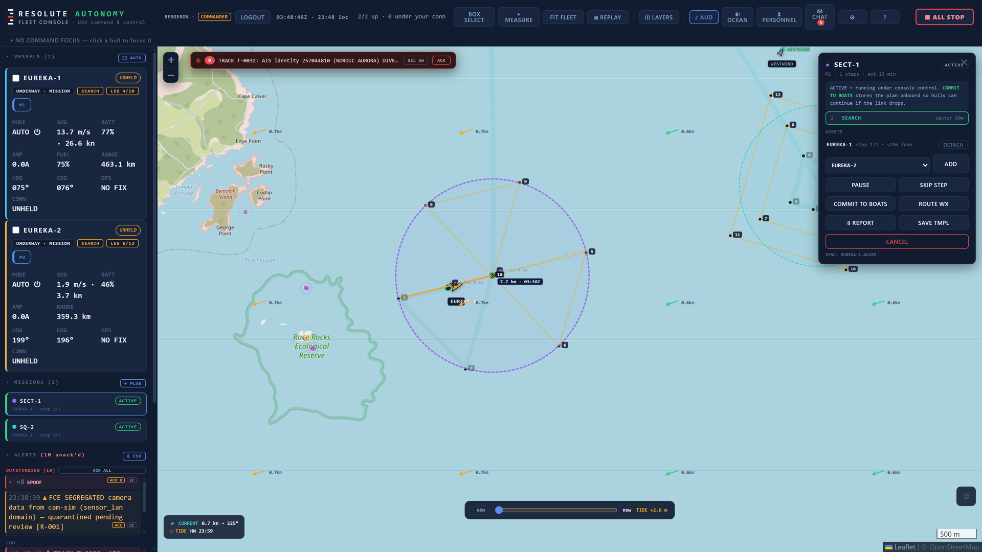 Panneau de mission de la console sur une recherche en secteur : segments du patron, ressources et synchronisation du plan